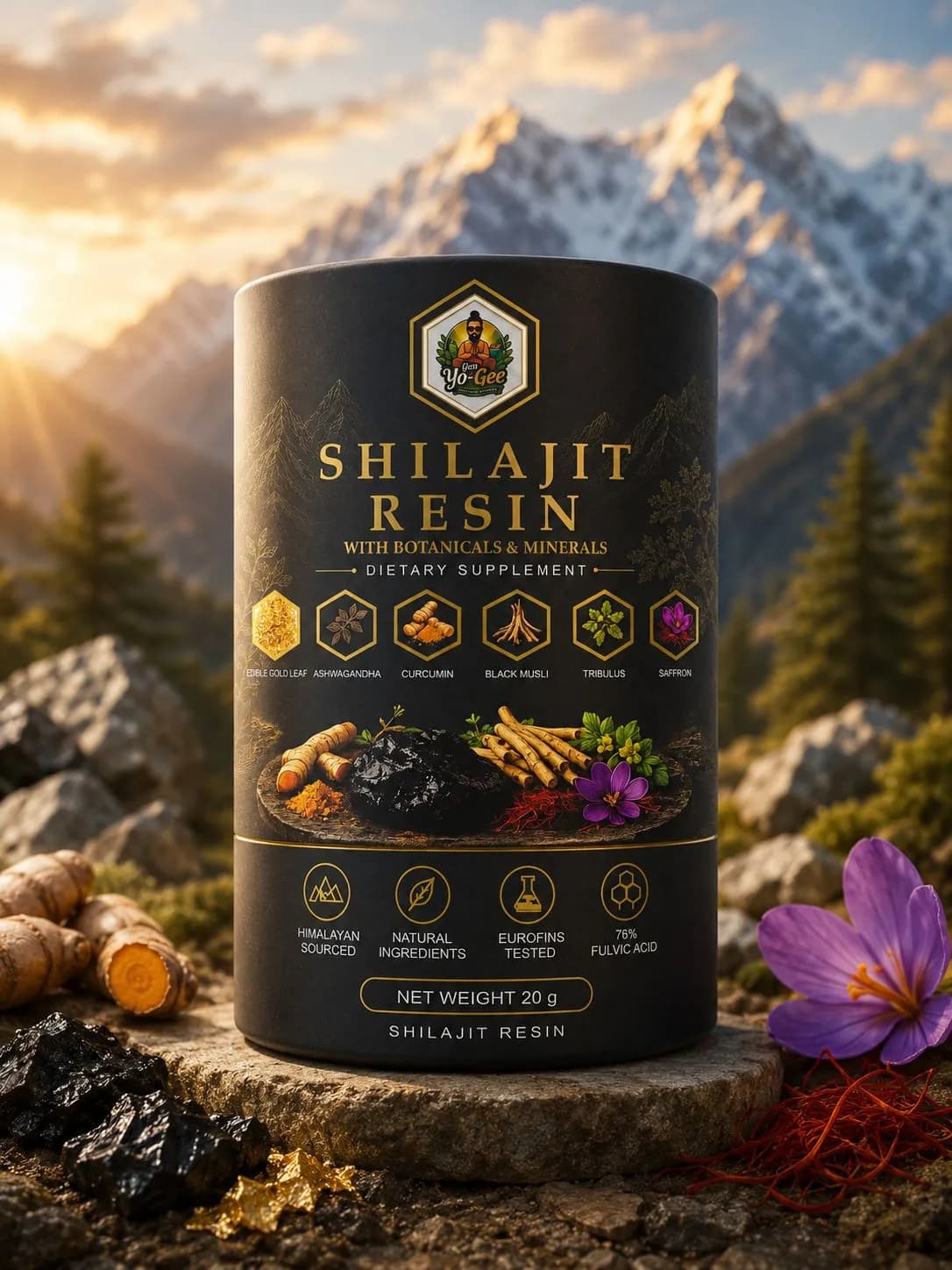 YO-GEE Shilajit resin with the Himalayas behind